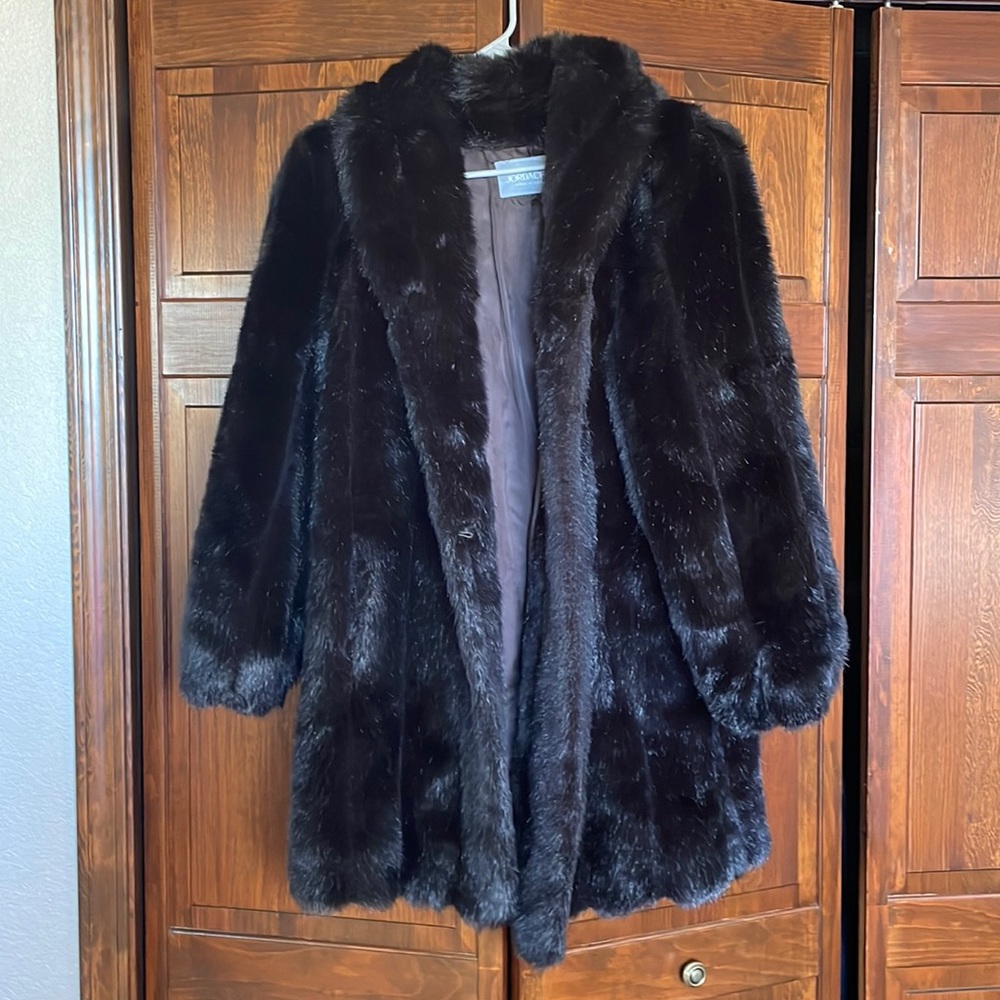 Dark brown Jordache faux fur coat, short.